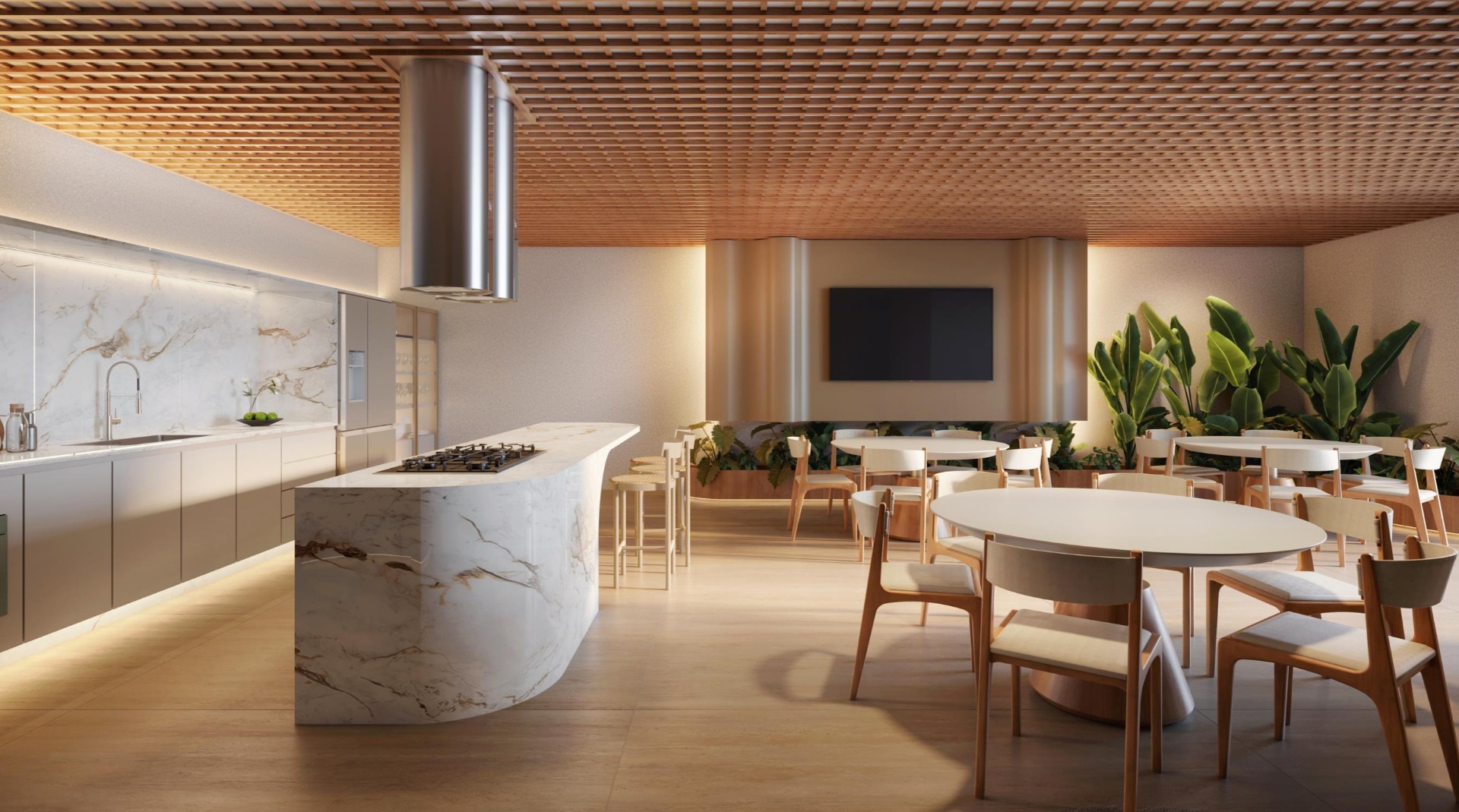 Salão Gourmet interno em mármore e madeira