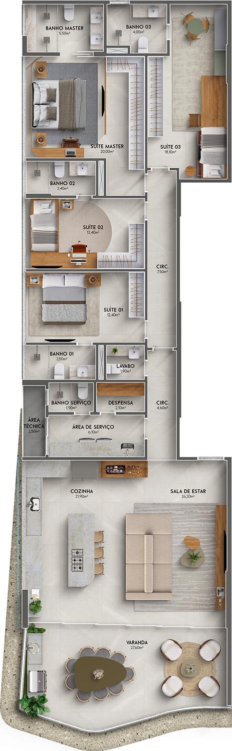 Planta apartamento 4 suítes SALT by GRAND colunas 02 e 09