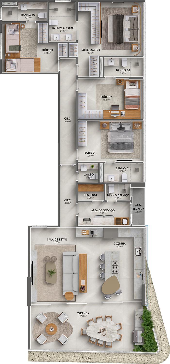 Planta apartamento 4 suítes SALT by GRAND colunas 03 e 08