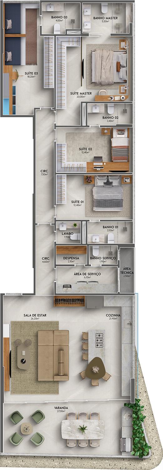 Planta apartamento 4 suítes SALT by GRAND colunas 01 e 10