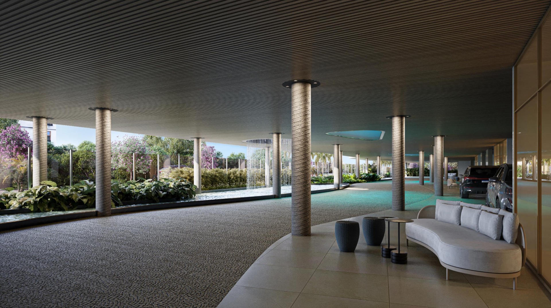 Lounge da alameda com sofá curvo e paisagismo lateral